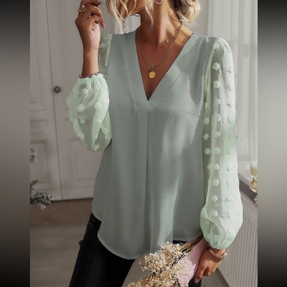 Luxe blue  V neck Swiss dot sleeve blouse - Picture 4 of 15